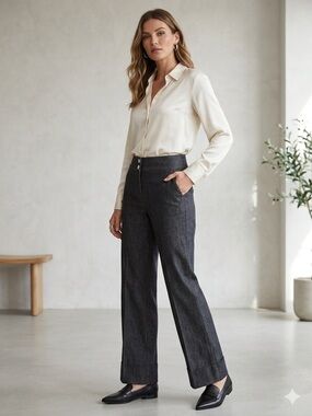 Sandro Sportswear Cuffed Charcoal Gray Wide Leg Trouser Jeans Size 10 Premium